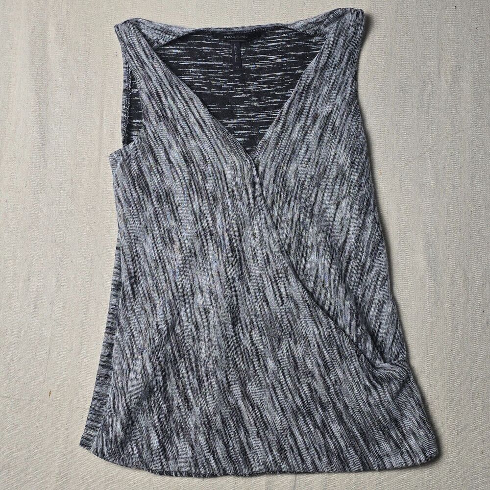 BCBG Maxazria Tank‎ Top Blouse Womens XSGrey Black Wrap V Neck Sleeveless
